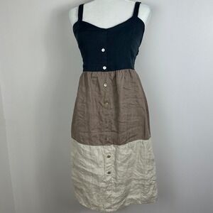 Lungo L'Arno 100% Linen Tiered Button Front Dress Black Brown Womens Size Medium